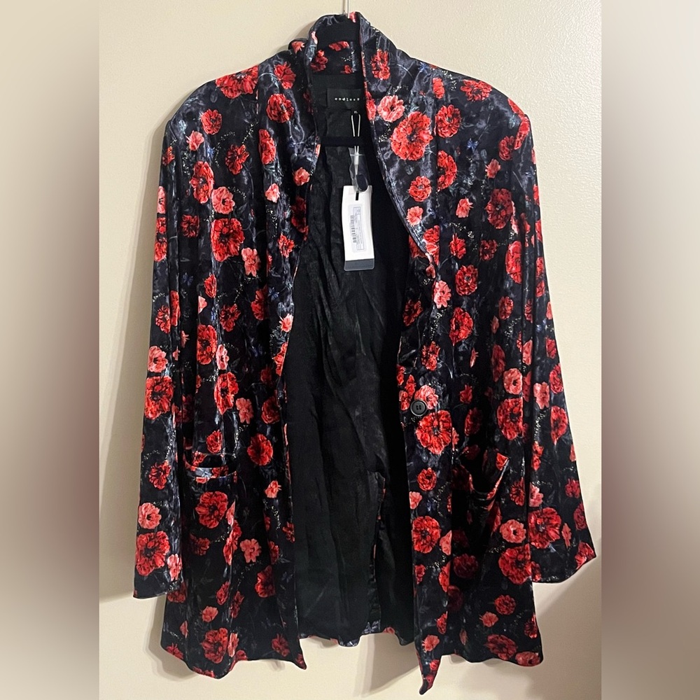 Endless Rose Black Velvet Blazer with Red Floral Print